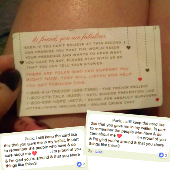 business card reminding people not to die, with overlaid testimonials